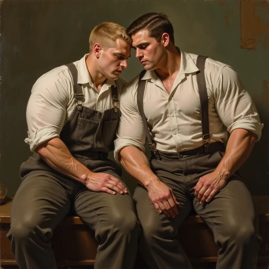 This image is a detailed, realistic oil painting depicting two young men with extremely large muscular physiques, showcasing extremely huge exaggerated muscles, especially in their arms, chest, legs and buttocks sitting closely together, with a tender, int...