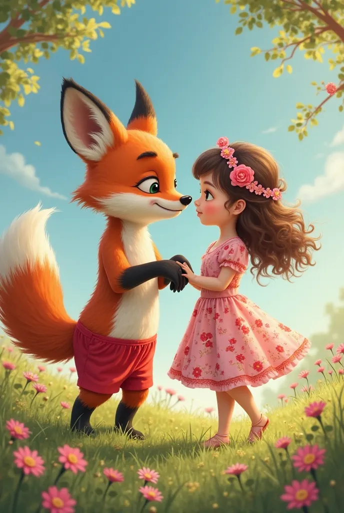 A fox dressed in red panties in front of a girl in a pink floral dress 