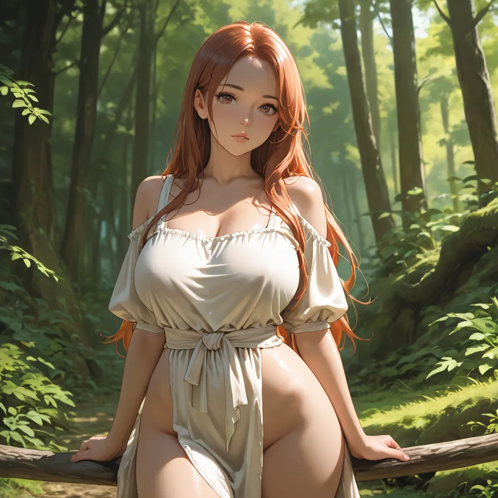 Long hair , ,medieval image , in poor clothes,,big naked tits , bare juicy hips, , high detail, high quality hair, in nature
