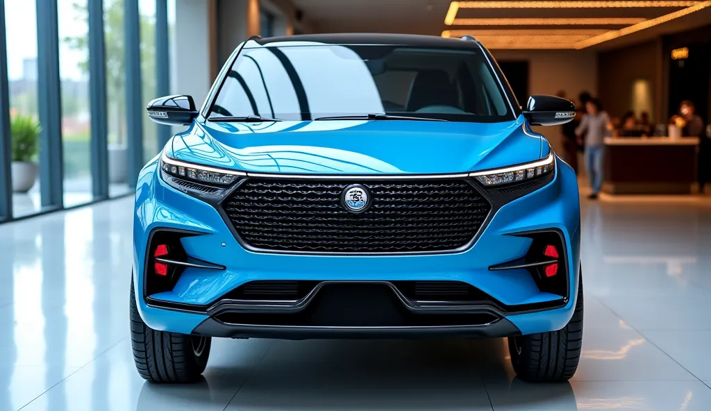 "A front view of the 2025 Chery Omoda C5, a futuristic compact SUV with a bold honeycomb-patterned grille and sleek, integrated LED headlights. The car is painted in sky-blue with black accents on the roof and side mirrors. The aggressive bumper design fea...