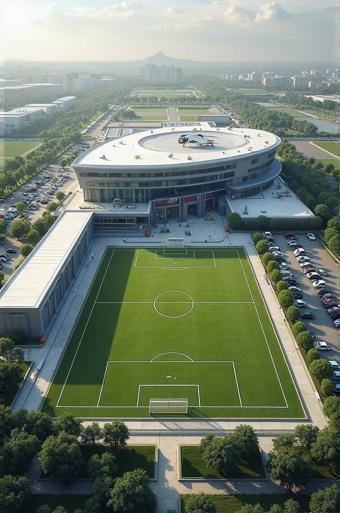 A building with a helicopter,soccer field and parking on the field