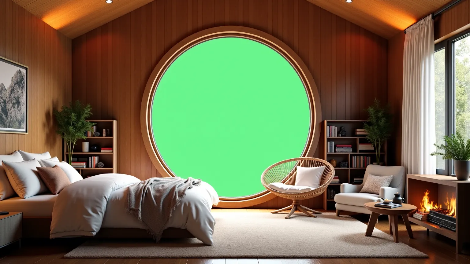 Create a luxurious and peaceful cabin room with a big circular window, but instead of glass, the window should have a plain green screen for customization. The room features aesthetic wooden interiors with warm ambient lighting, combining rustic charm with...