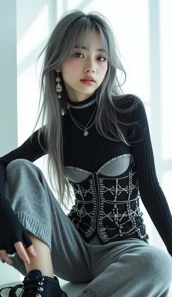 A futuristic vision featuring a 20-year-old Japanese model with an hourglass figure, long gray hair and large gray eyes. She wears a complex knit boandage-inspired outfit with a tight black knit top featuring silver metallic threads and crisscross silver s...