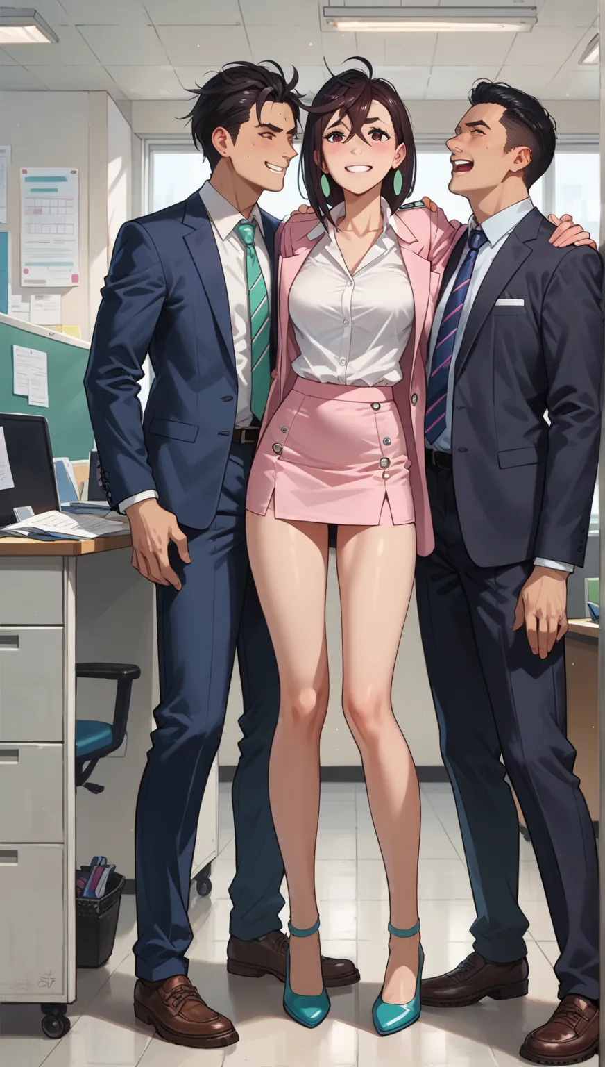  Rape, Momo Ayase stands in a suit at a large corporate office,  18 years old, White shirt jacket and short skirt, with a smile looking at the camera, Loud Echo Words,  Sunny day,  Full length front view 