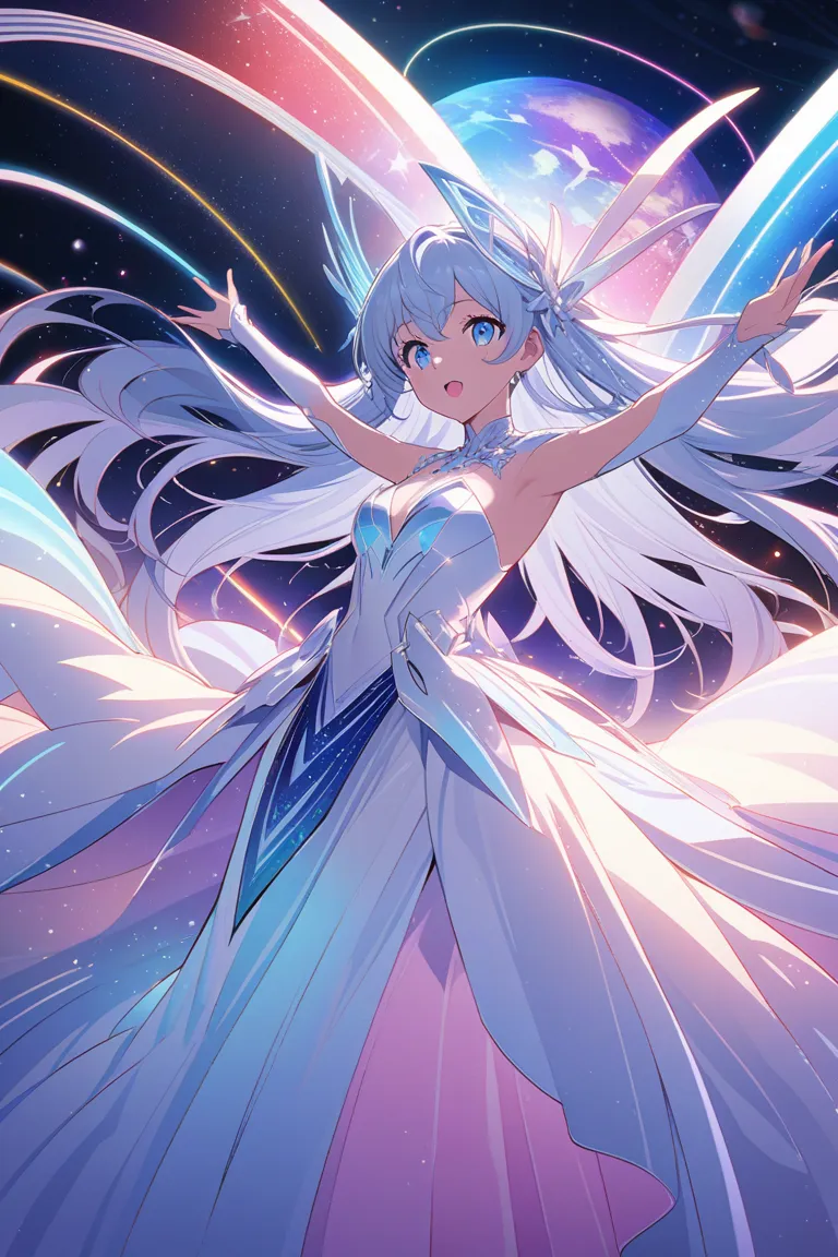 Create an illustration of a singing diva in a space opera setting, using a cel-shaded anime style with a limited 16-color palette,The diva is a graceful and ethereal figure with long flowing hair e.g.silver blue or purple ,a radiant captivating expression,...