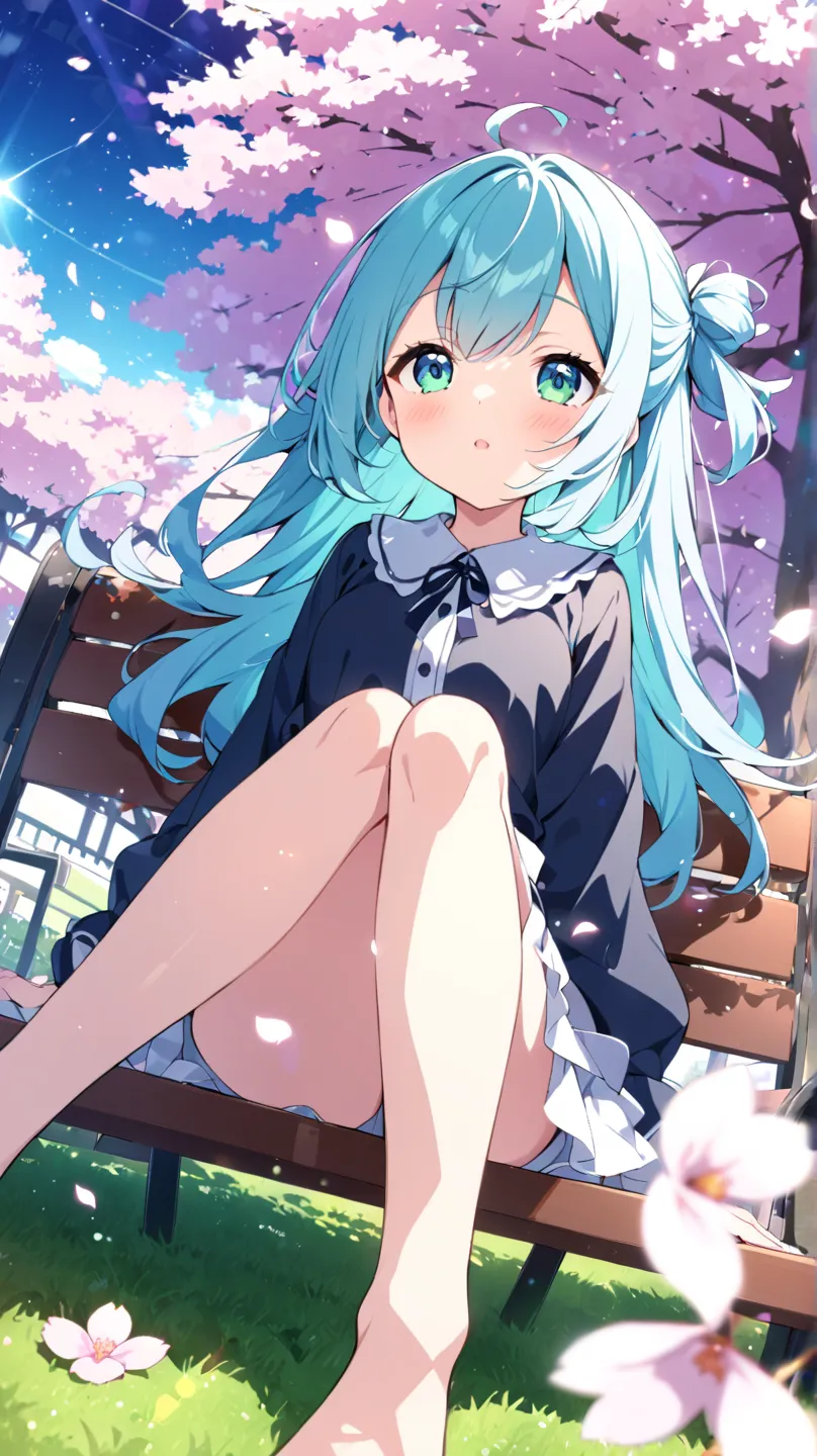 garden、green空、cherry blossoms、cherry blossoms吹雪、solo, 1 girl, greenい目, green/light blue hair tied at the top、in bed looking up at the sky、sitting on a bench、How hair flutters in the wind、lawn、dutch angle, lens flare, glitter effect, blurred background,  ov...