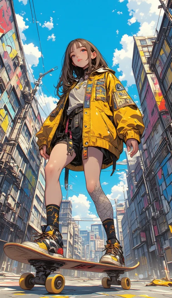 A young, light-skinned Asian girl, positioned from the mid-calf up, is skateboarding in a vibrant, stylized urban scene.  She is centered in the frame, and her perspective is from below, looking up at her. Her age appears to be around 15. She wears a yello...