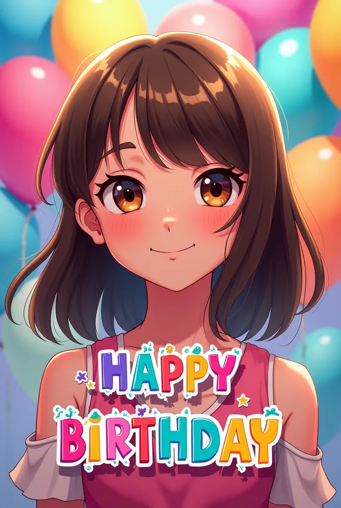 An image of Happy Birthday Aranza with very colorful letters and a  girl, White, not so long brown hair, medium dark brown eyes, her mouth closed with her cake 