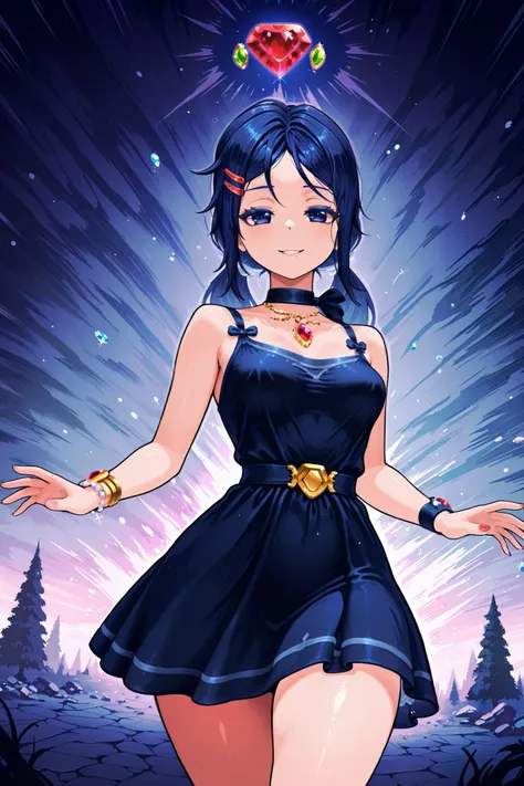 score_9, score_8_up, score_7_up, UHD, Masterpiece, amazing quality, very aesthetic, absurdres, ultra-detailed, 1girl,BREAK, BREAK, huge world tree:1.2, dynamic angle:1.5, panorama:1.2, cinematic:1.3,mita, dark blue eyes, dark blue hair,red clips ,(((( beau...