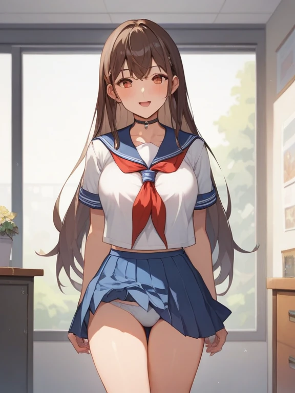 score_9,  score_8_ up,  score_7_ up,   source_anime，nsfw，uncorrected，masterpiece，Top Quality，High Resolution, very well detailed,\(Good at teasing\), long hair、brown hair、  Fleet Collection ,amount、collarbone、 sailor suit、  sailor color  、 red neckerchief ...