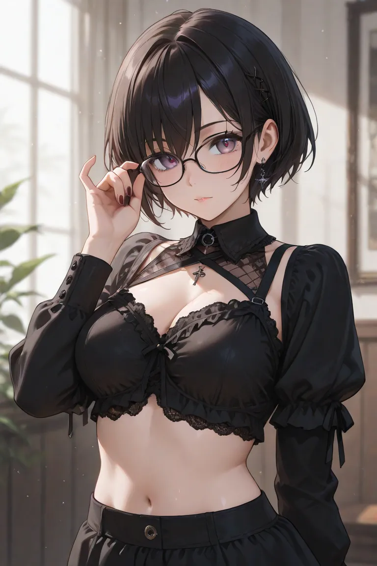 Girl with short hair and glasses with gothic style