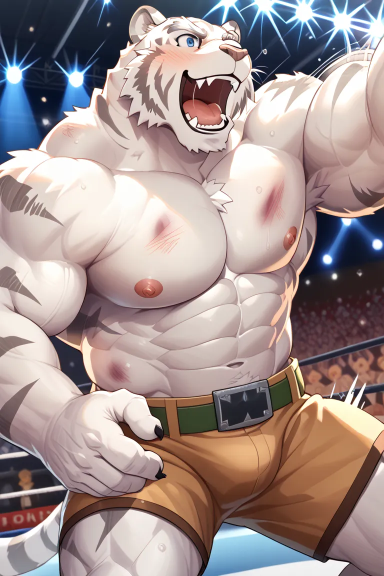 Zero Mercenaries,Mercenaries of the Evil One, Mammals,  white tiger, naked,  muscular, Pectoralis major, Nipples, Big man, Professional wrestling, On the Ring, Big lighting, audience, dynamic pose, Dynamic Composition, turning y, sweat, 大量のsweat, 額からsweat,...