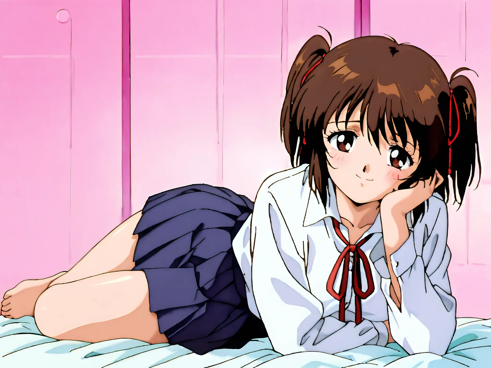 kayo,1 girl,dark brown eyes,dark brown hair,two side hair,shoulder-length short hair,hair tied thin red ribbons,school uniform,white collared shirt,short red necktieribbon,navy blue short pleated skirt,barefoot,whole body,full length,masterpiece,best quali...