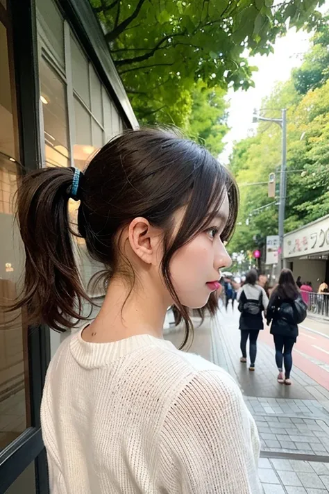 Woman with beautiful hair 、profile、Rear View、 photos、High Resolution、 straight 、Harajuku、 smooth、Flutter、ponytail、medium hair、long sleeve rib knit 、 very wet and transparent 