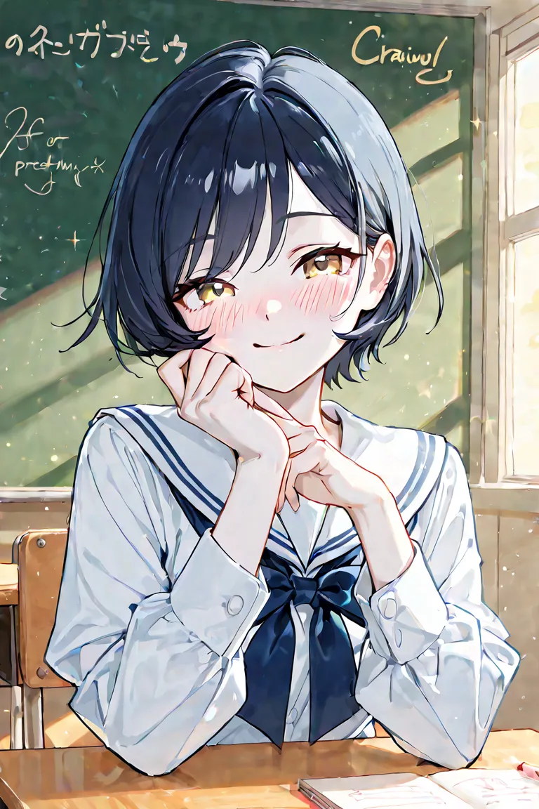 a pretty girl, cheek blush, black color Short hair with bangs swept back, yellow blue eyes, pale skin, mischievous smile, posture of drawing, in the classroom