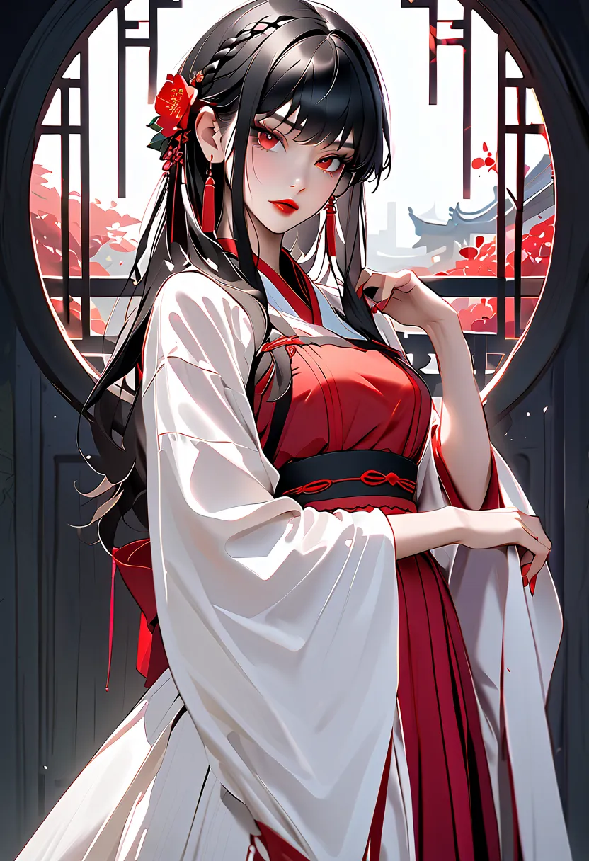 Yor Briar from Spy X Family, 1girl, solo, body shot, full body shot, elegant pose, blood red eyes, red lips, parted lips, black hair, long hair in a braided style, chinese white hanfu dress, elegant hanfu, white and red hanfu, black accents, red short nail...