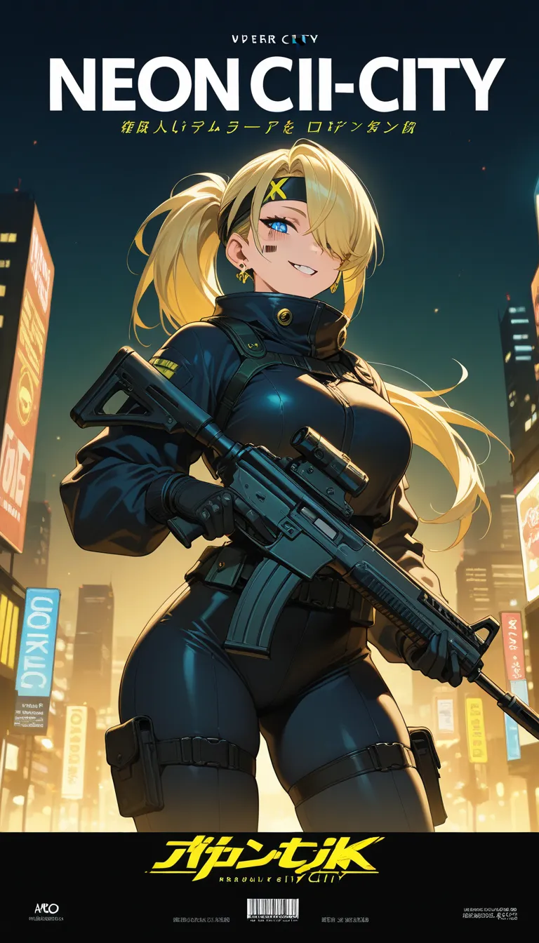 (beautiful girl : 1.3),1 girl,(protective clothing,headband,earrings,assault rifle), Gold,ponytail, Hair Over One Eye,barcode tattoo on cheek,smile, with sharp eyes ,Cyberpunk,the neon city at night,Machine City,dynamic angle for pussy,(movie poster, magaz...