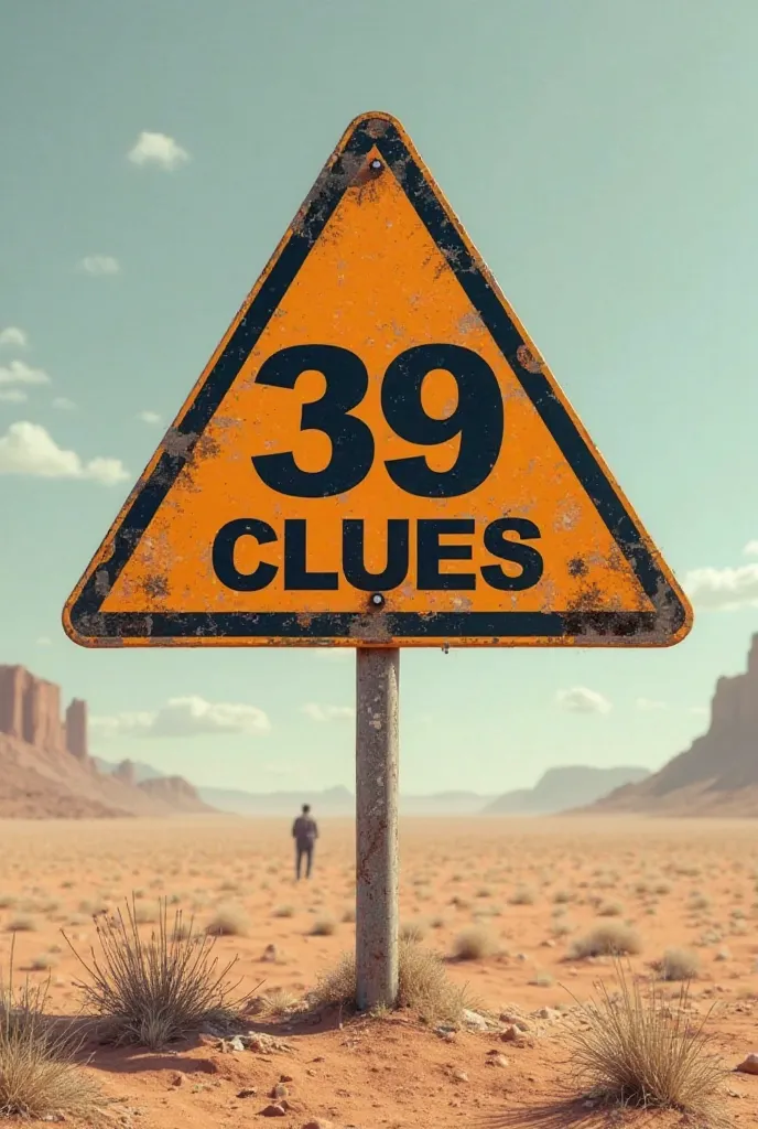 Create a warning sign board placed 39 Clues text on centre