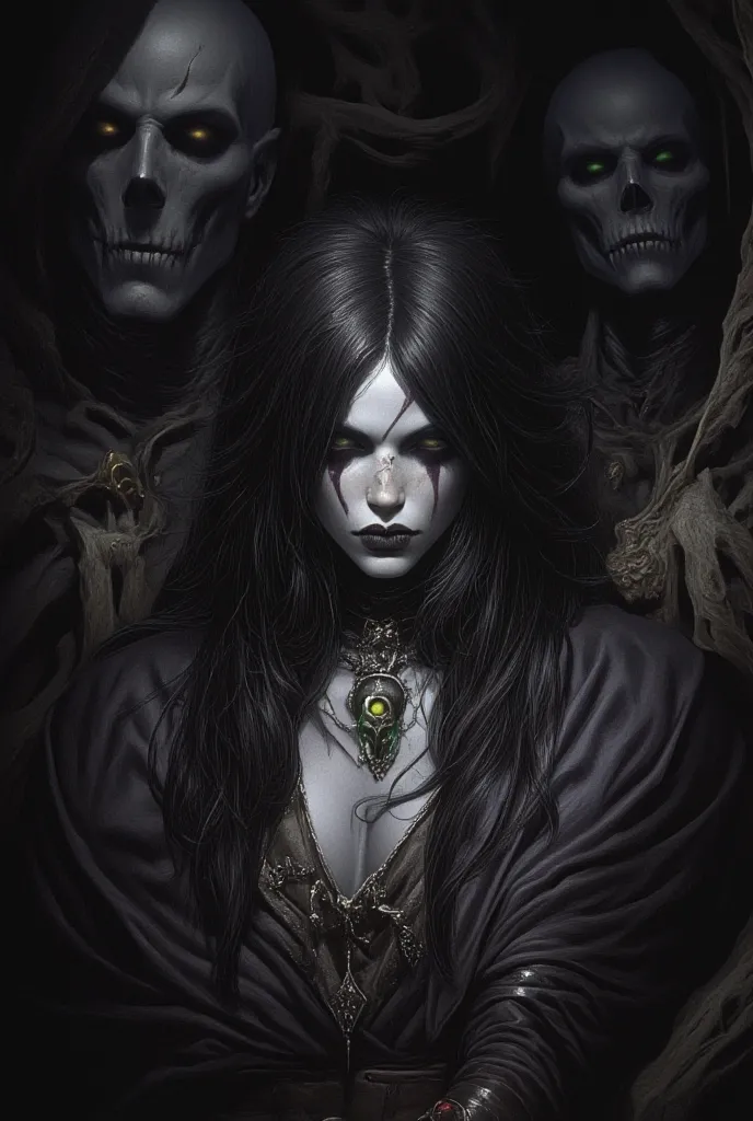 Necromancer girl.  very white skin , long black hair to the tent. instead of the eyes of a hole into impenetrable darkness, the whole sclera is black, darkness in place of the eye sockets.  veins are grey, like her blood is black.  mocking facial expressio...