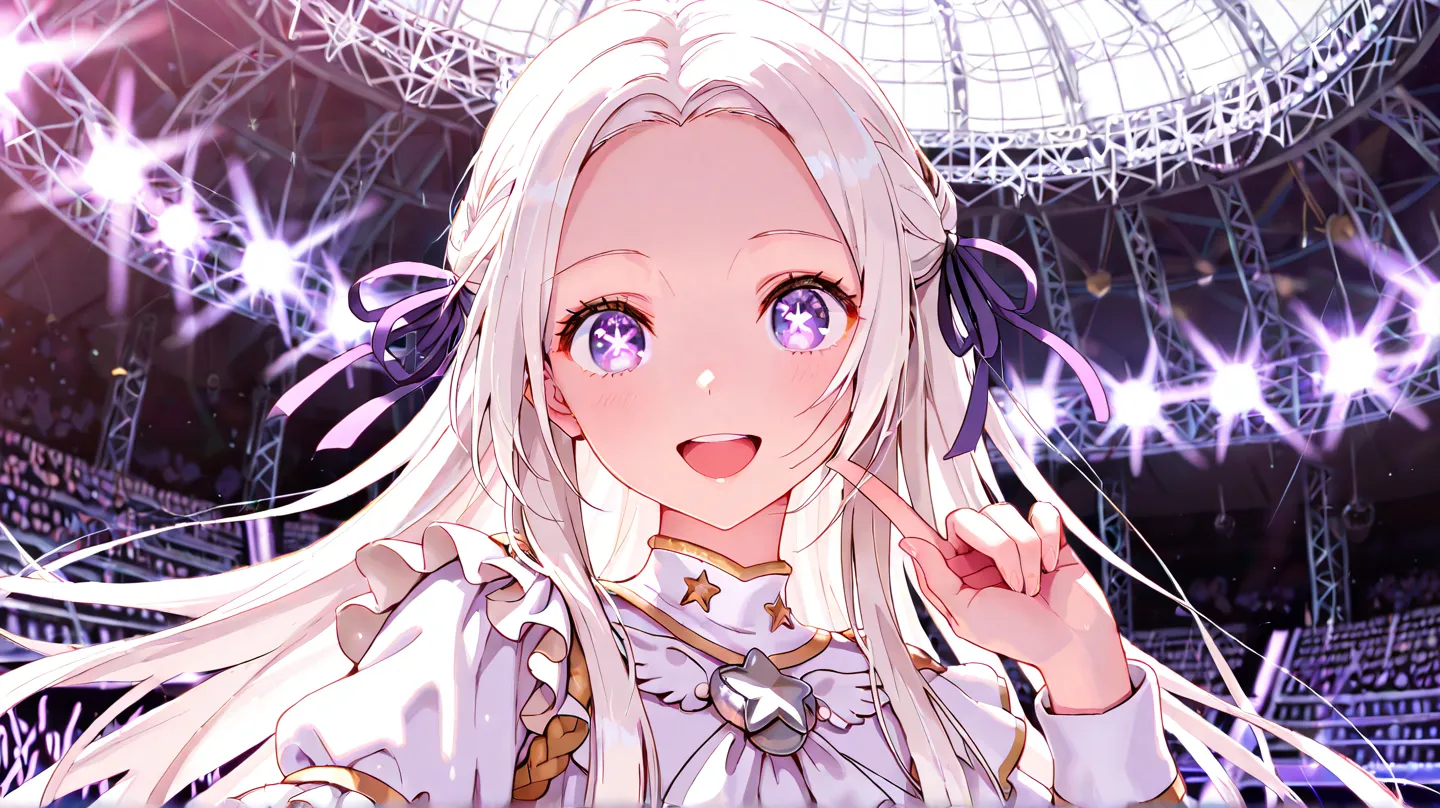 masterpiece, best quality, 1girl, solo, dfltedel, long hair, half updo, white hair, sidelocks, purple eyes, big eyes, symbol-shaped pupils, hair ribbon, purple ribbon, pure White idol clothes, upper body, looking at viewer, smile, pointing at self, open mo...