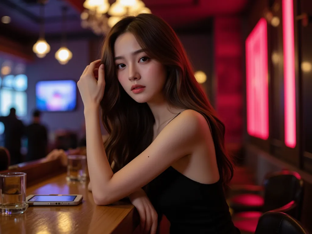 A young woman with long, wavy brown hair and glamorous makeup, dressed in a stylish black dress, sitting at a luxurious club counter. She has a slightly worried expression while looking at her phone, thinking about financial instability. The background is ...