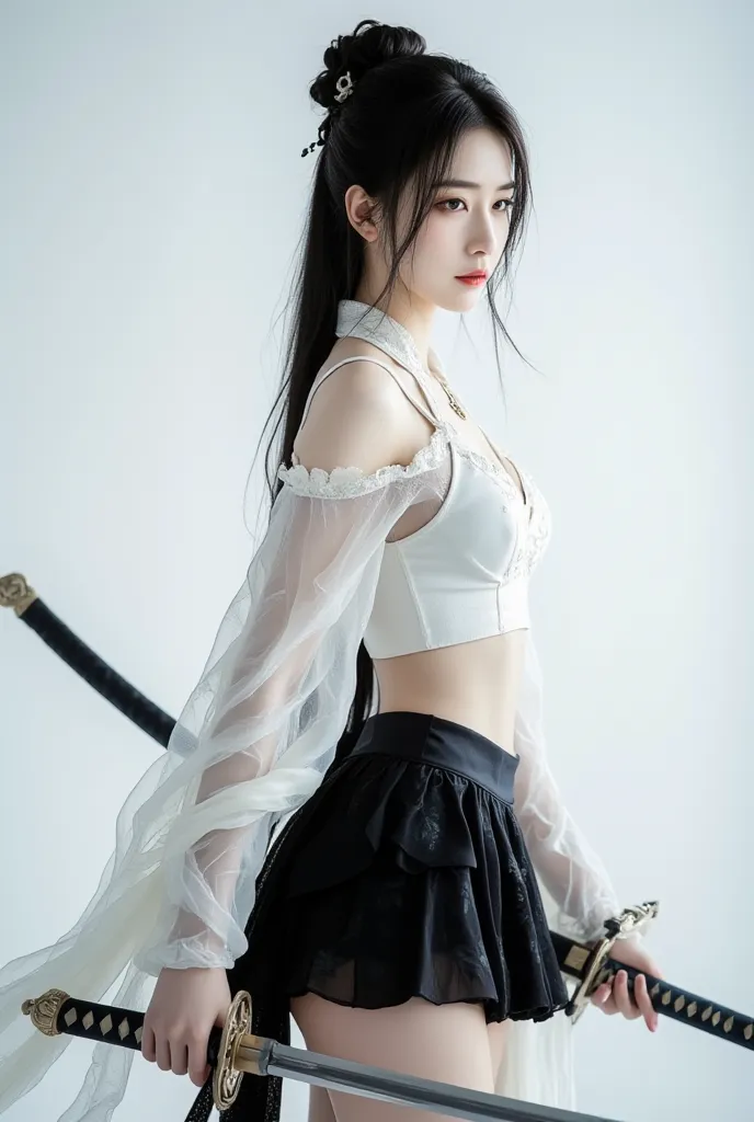 A beautiful Chinese girl holding a sword, wearing a white set dress with short sleeves and a black miniskirt, has an arrogant, elegant look.