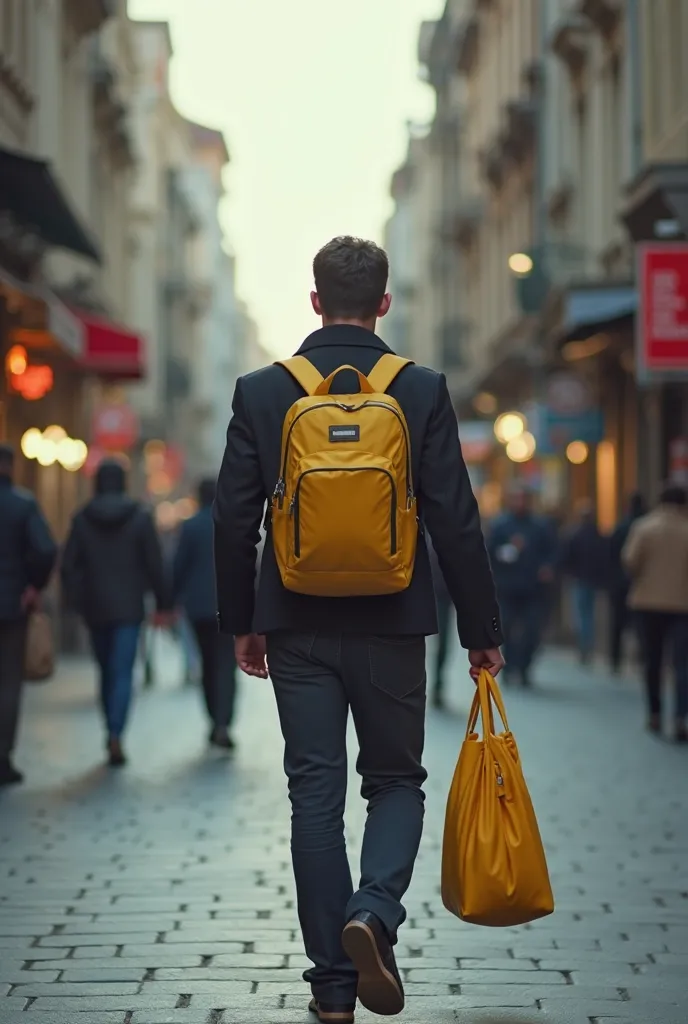 arafed man walking down a city street carrying a yellow bag, leica 8k still from an a24 film, fallout style istanbul, handsome man, a man wearing a backpack, man walking through city, in city street, turkey, tv commercial, photo of a man, a handsome, at a ...