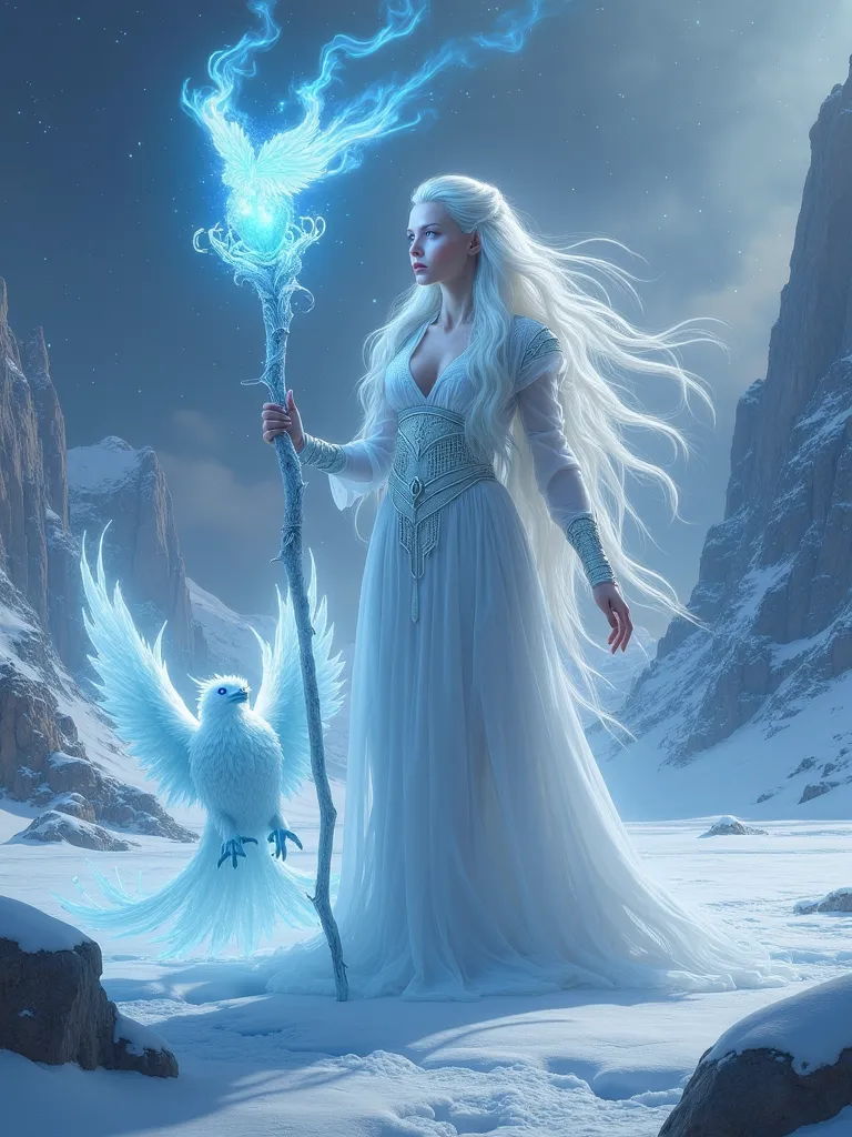 A snow queen inspired by Hecate, the Greek goddess of magic, wielding an icy staff that glows with an ethereal blue flame. Her protector is a frost phoenix with wings that scatter icy embers with every beat. They stand at a frozen crossroads under a night ...