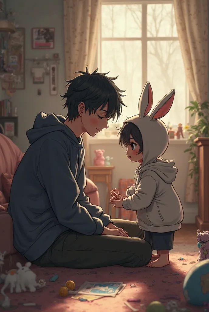  inside the house、An emo male father with semilon hair and an elementary school boy in a rabbit hoodie playing playtime

