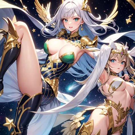 Upside Floating，Silver and Green Battle Suit，Gold and White Striped Decorated Top，universe，Background Star，A sexy woman，Exquisite face， Five-pointed detail ，Elegant posture，Long and beautiful legs，Winged Armor Boots