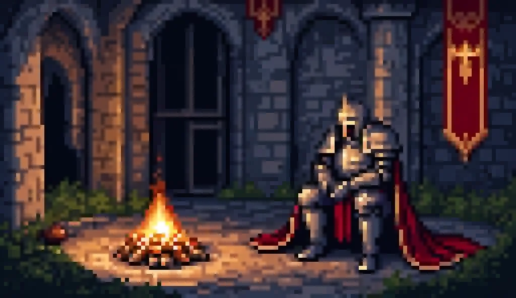 A medieval knight in full plate armor sits by a crackling bonfire, deep in thought. His helmet obscures his face, and his hands are clasped together in a resting pose. A large, ornate sword is planted into the ground beside him, and a deep red cape drapes ...