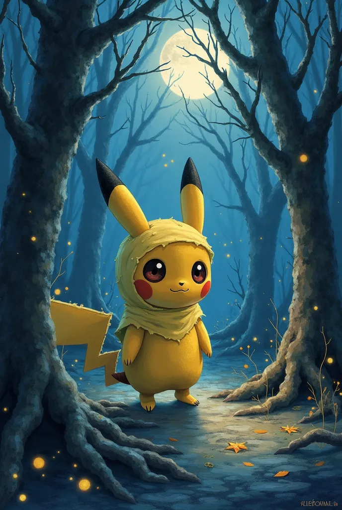 ((Masterpiece, Highest quality:1.2, high details:1.3, accurate, best quality)), ((A style similar to Megumi Mizutani’s, soft painterly textures, delicate shading, subtle brushstrokes)), BREAK.  

A **mysterious Mimikyu standing in a dimly lit dark forest**...