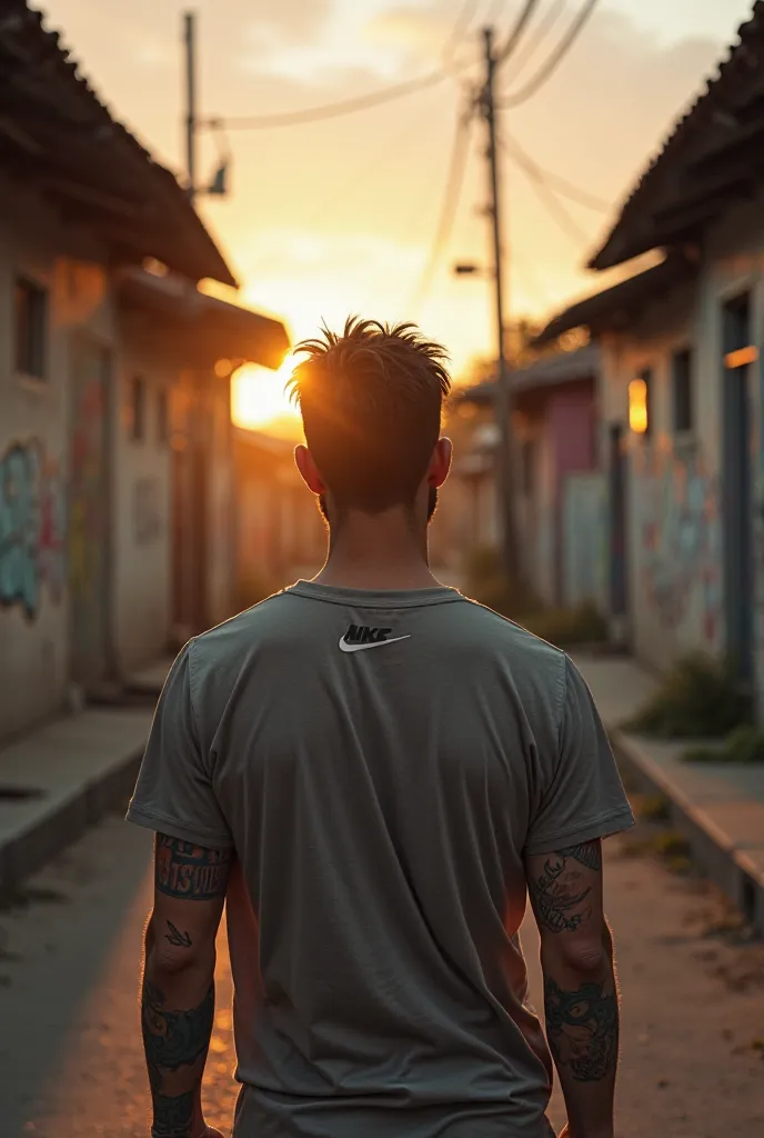 A street in the favela at dusk, with simple houses and graffiti on the walls. The joker, wearing a Nike T-shirt and with tattoos on his arms, is facing away, looking at the horizon with an expression of introspection and determination. The golden sunlight ...