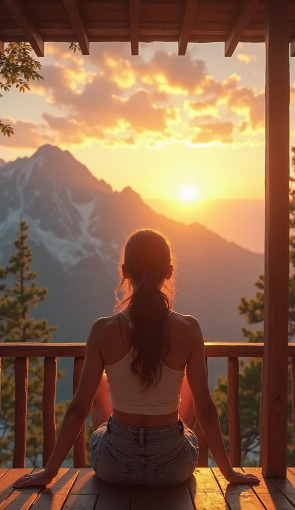 Create an ultra-realistic 4K image of a beautiful brunette on a porch watching a **majestic horizon**, with imposing mountains under an open sky illuminated by golden rays of sunshine. STRONG AND BRIGHT COLORS.