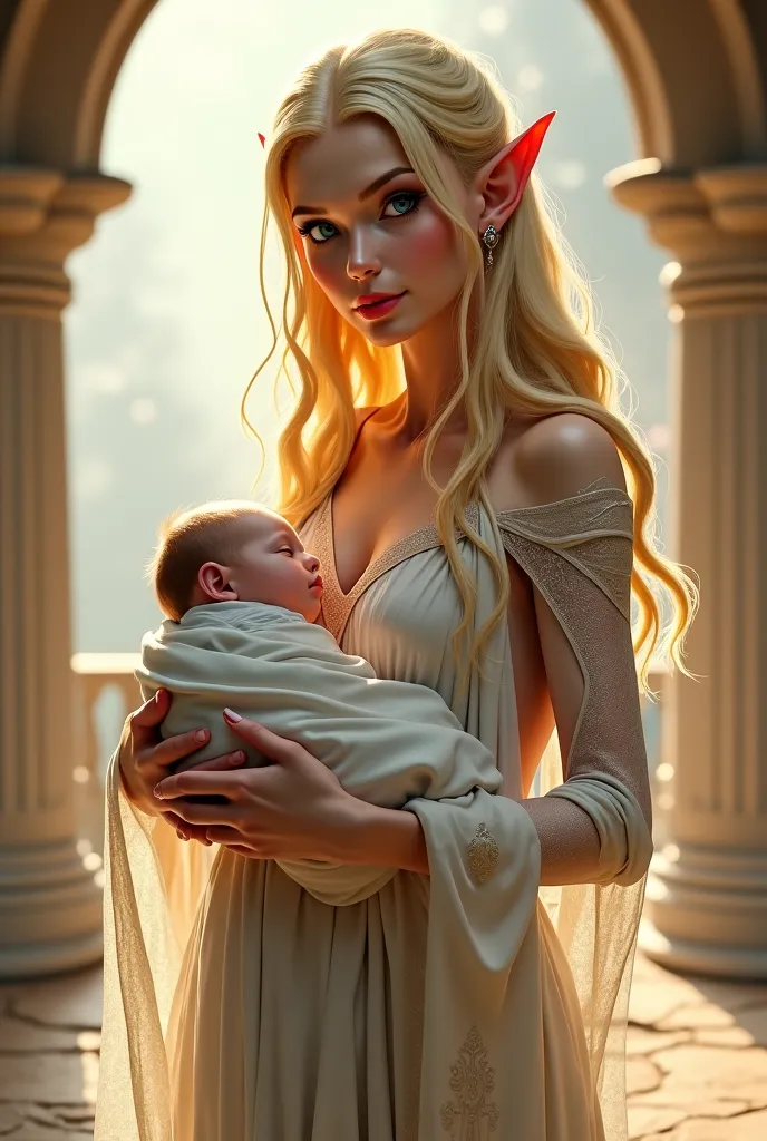 An elven queen with blue eyes long blonde hair bright skin tone pointy elves ear wearing fine clothes holding a baby in a hall of light