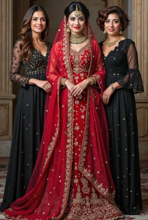 Give a picture of a beautiful pakistani bride wearing red with its three bridemaids wearing black pakistani traditional pakistani dresses one with black hair,one with brown long hair and one with brown curly short hair