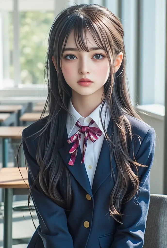 Glasses、smile、(Japanese school uniform:1.8)、Glasses、photorealistic、top quality、masterpiece、Top Quality、Top Quality、High Resolution、real、RAW Photos、8k、solo、high school girl、original photo、1 girl、solo、 black hair、long hair、white skin、(during the daytime、natu...