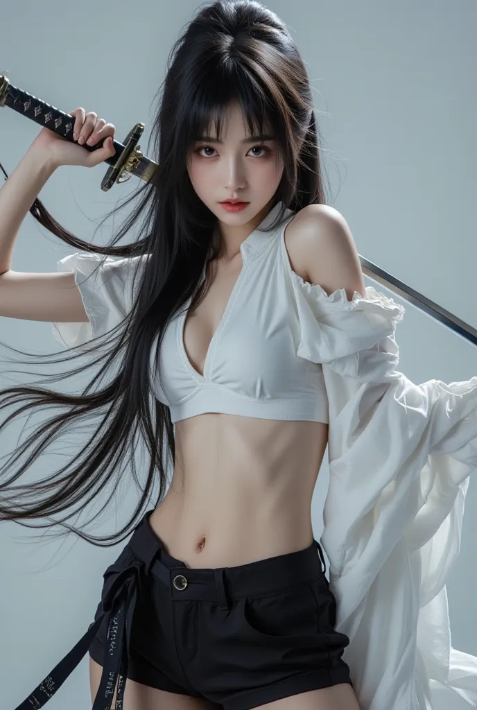 A beautiful Chinese girl holding a sword wearing a short-sleeved white shirt and black shorts covering her belly. Leaving her hair arrogant, she looked elegant.