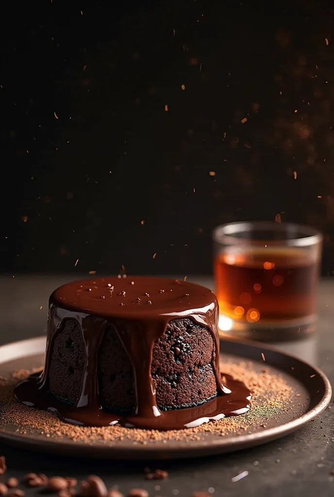 "A chocolate cake with rum, decorated with a chocolate sauce and a glass of rum on the side, on a dark and elegant background, sophisticated and adult style."