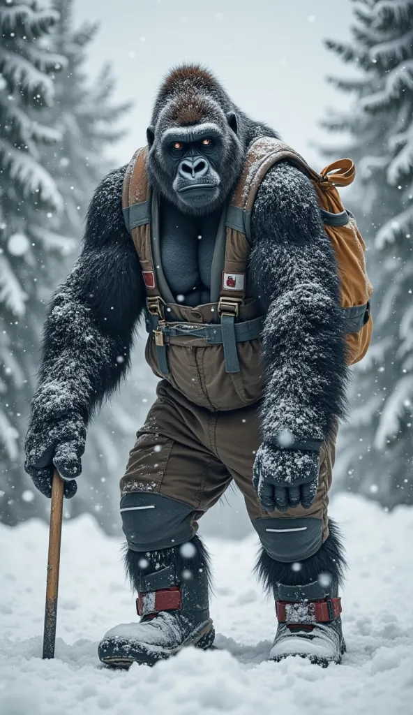 A large, powerful gorilla dressed in a work uniform, performing a human-like job in the middle of heavy snowfall. The gorilla's dark fur is covered with a light dusting of snow, and its breath is visible in the cold air. It is wearing appropriate work atti...