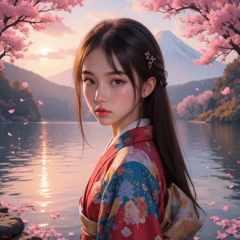 Highest quality, masterpiece, extremely exhaustiveed, exhaustiveed background, exhaustiveed eyes, anime, 1 girl, beautiful eyes, young girl, Long Hair Girl, expressive face , kimono, retro, Wind Scenery of Mount Fuji, outdoor, sunset, beautiful sky fr...