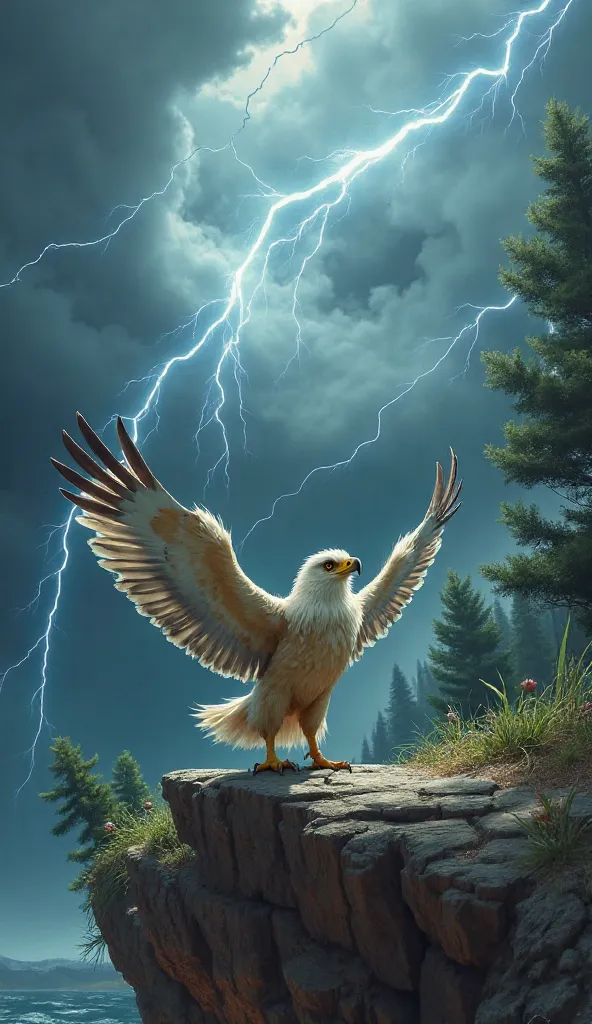 A small baby eagle stands on the edge of a cliff, facing a powerful storm. The wind blows strongly, ruffling its feathers, and its determined eyes shine as it spreads its wings. Lightning flashes in the sky, illuminating the dramatic clouds. The eagle hesi...