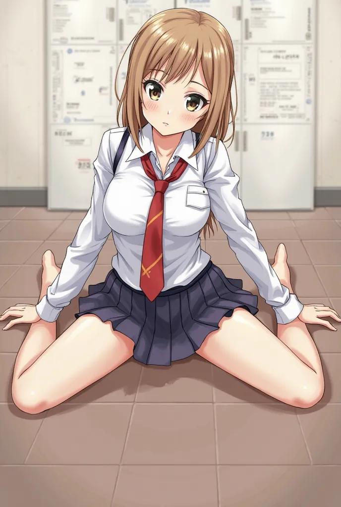 (((with ))),((NSFW:1.7、realistic))、1 girl on, (light brown medium hair), ((Female Student Uniforms)), look at spectators,  young face、satisfied look, (( leg split、Spread your legs、Main groin、After Cum Inside)),large breasts,Putting the chest out