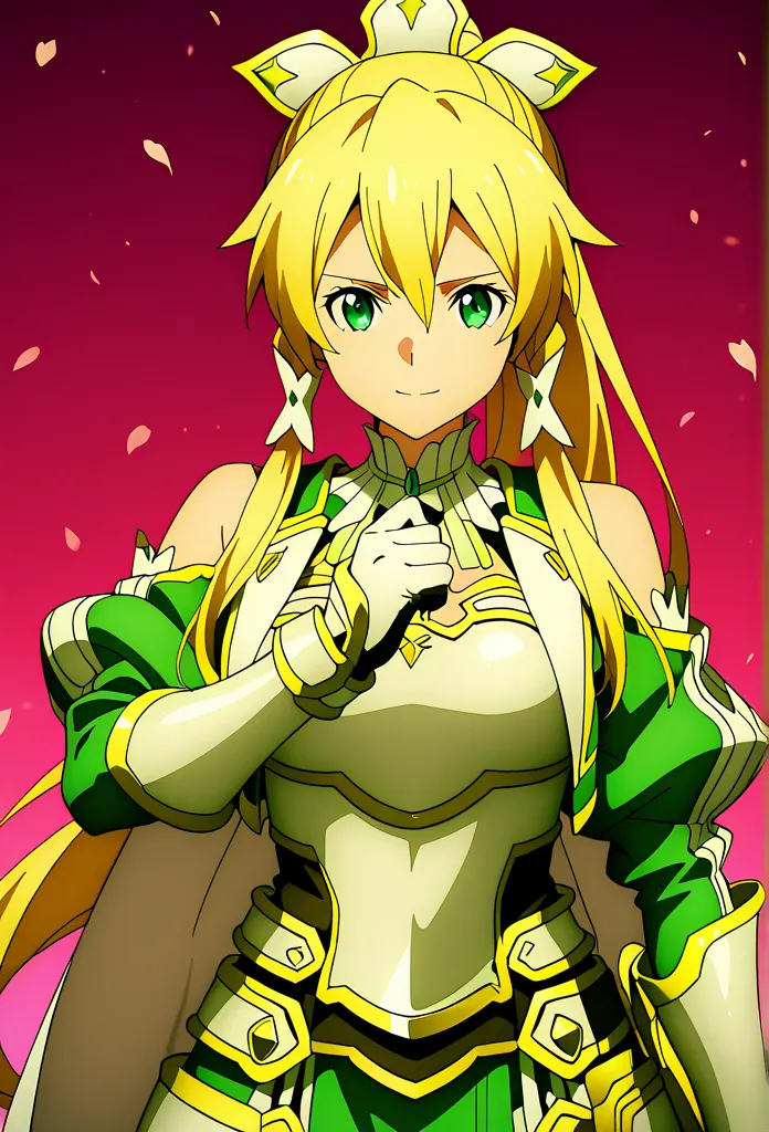 alone, 1 girl, Leafe, long hair, blonde hair, hair accessory, green eyes, ponytail, hair tube, ripped bare shoulders, armor, breastplate, sleeves apart, gloves, white gloves, dress, green dress, holding, weapon, Focus on women, sword, cape, armor, handguar...