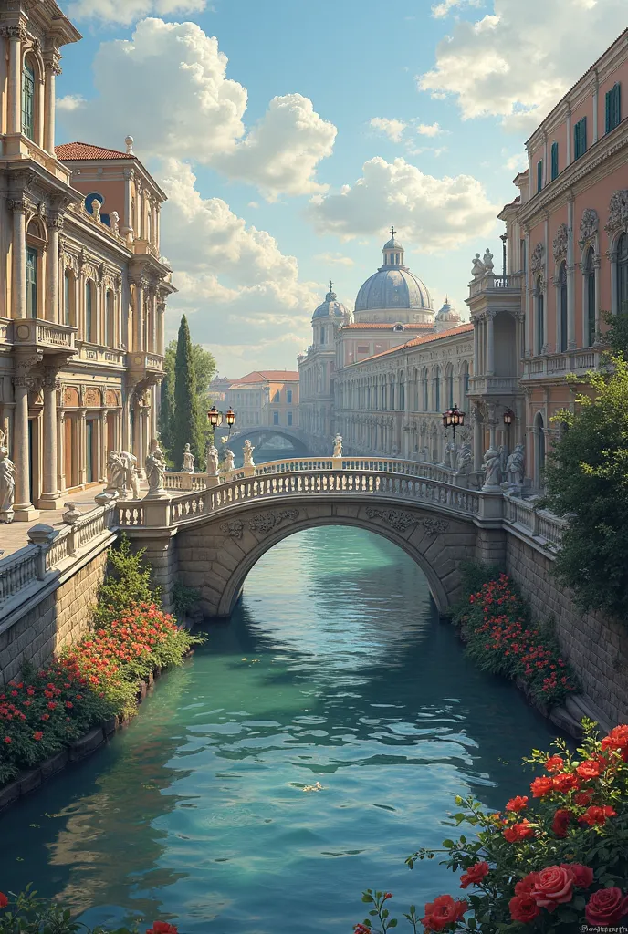 Create a long navigable Italian river in Roman-Venetian Baroque style, there are also statues on the three bridges with beautiful streetlights and floral decorations