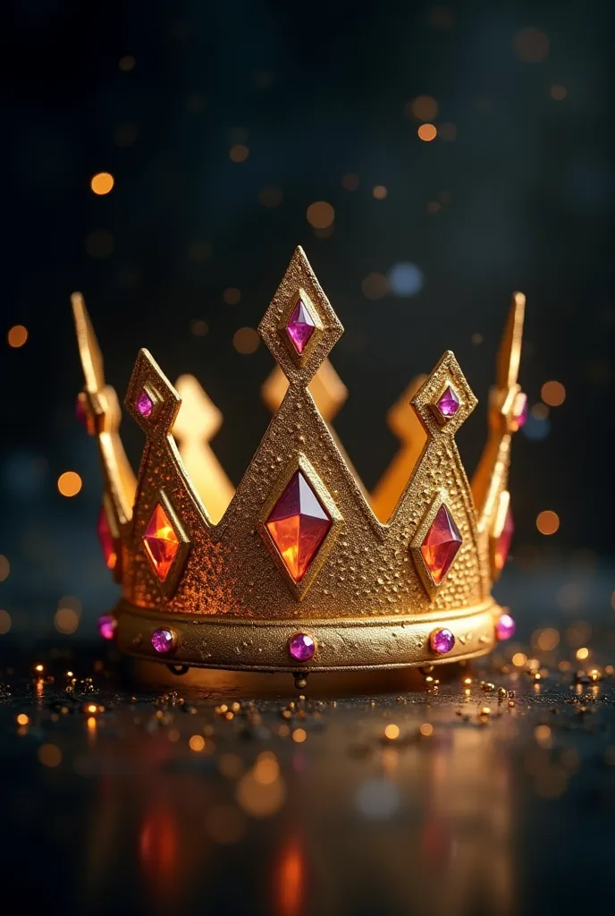 Create a princess crown that has geometri shapes . The crown ahould be in gold coulour . The main highlight of the crown should be its decorative item which is in geometri shapes . Then add a dark magical background with sparkly elements roaming around the...