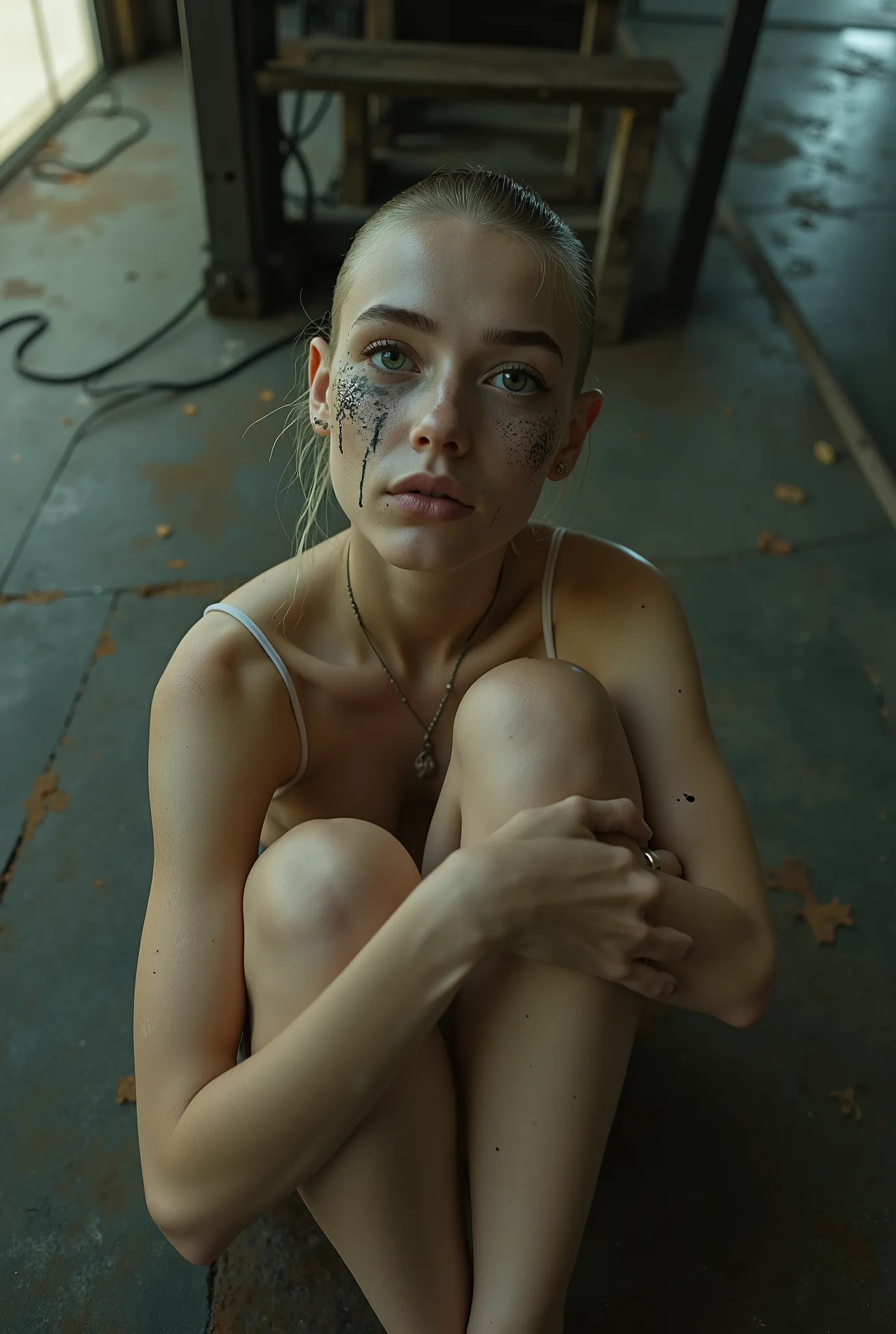 A 21-year-old blonde woman sits on the floor in an industrial loft with soft light streaming through large windows. Her head is shaved except for a long strand of hair sweeping forward over her face. She is topless, wearing only a pale pink string.

Her po...