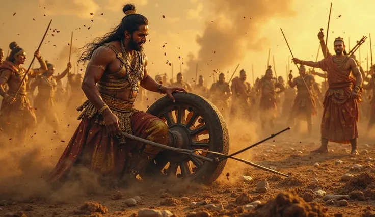 "A dramatic and intense battlefield scene from the Mahabharata, depicting the crucial moment when Karna gets down from his chariot and struggles to lift its sunken wheel. Karna, the mighty warrior, is clad in radiant golden armor, his face showing frustrat...