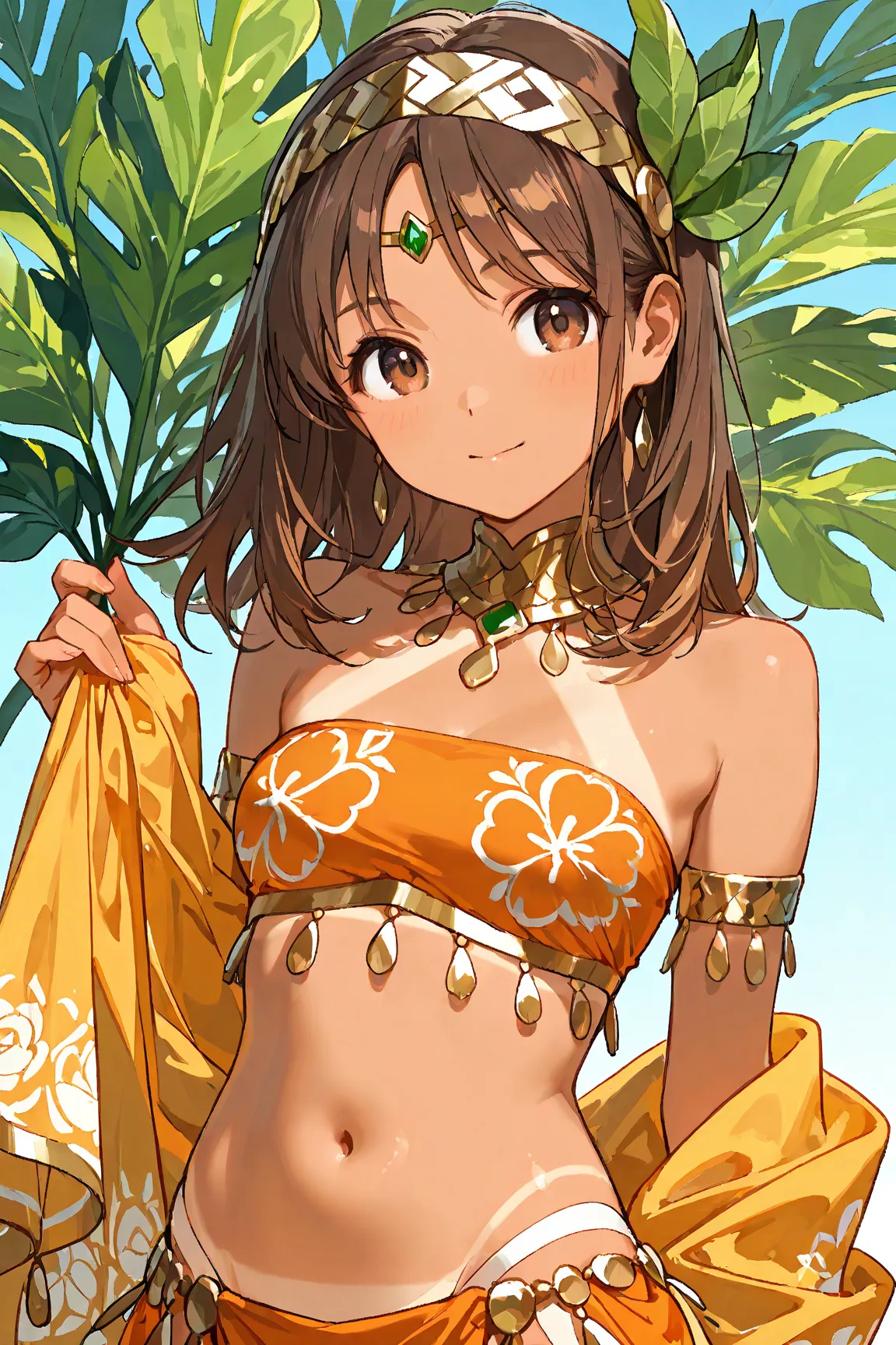 Female,brown eyes, shoulder length brown hair, and tan skin,belly dancer outfit, headband with a floral diamond leaf pattern