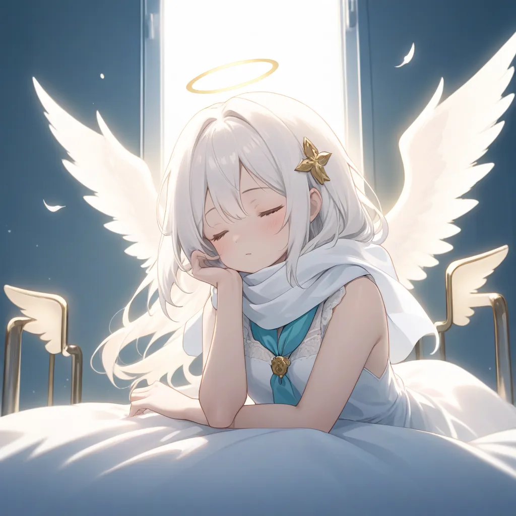 masterpiece, highest quality, highest resolution, clear_image, detailed details, seraphim angel, wings behind head, dirty and messy white hair, white scarf, white dress, long hair, cat ears, closed eyes, pantyhose, no water marks, sleeping, hospital bed